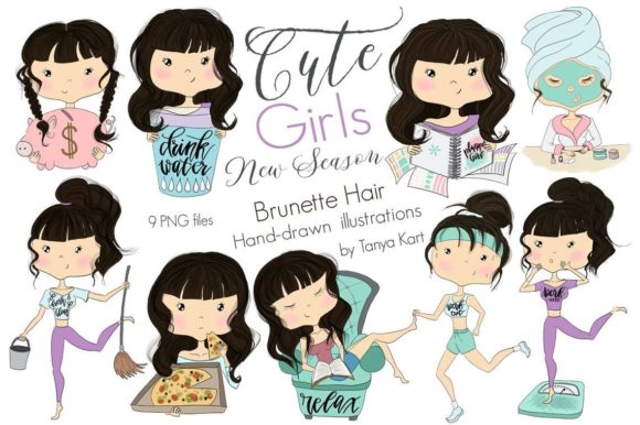 Cute Girls Brunette Hair Girls: A Unique Hand-Drawn Collection for Creative Projects