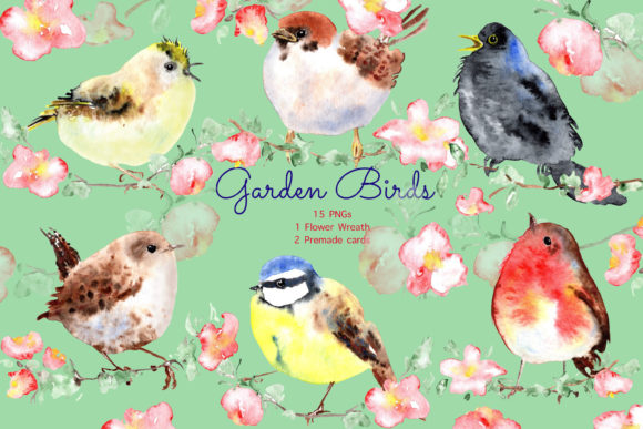 Watercolor Cute Garden Birds Clip Art for Creative Workflows