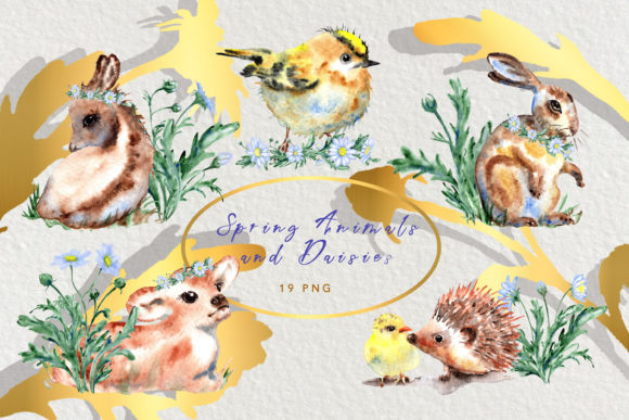 Watercolor Spring Animals and Daisies