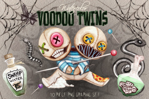 Watercolor Voodo Twins Clip Art Set: A Spooky Collection for Creative Projects