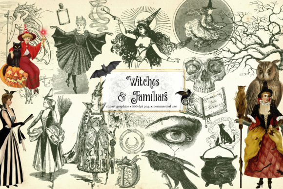 Witches and Familiars Clipart: Vintage Graphic Elements for Creative Projects